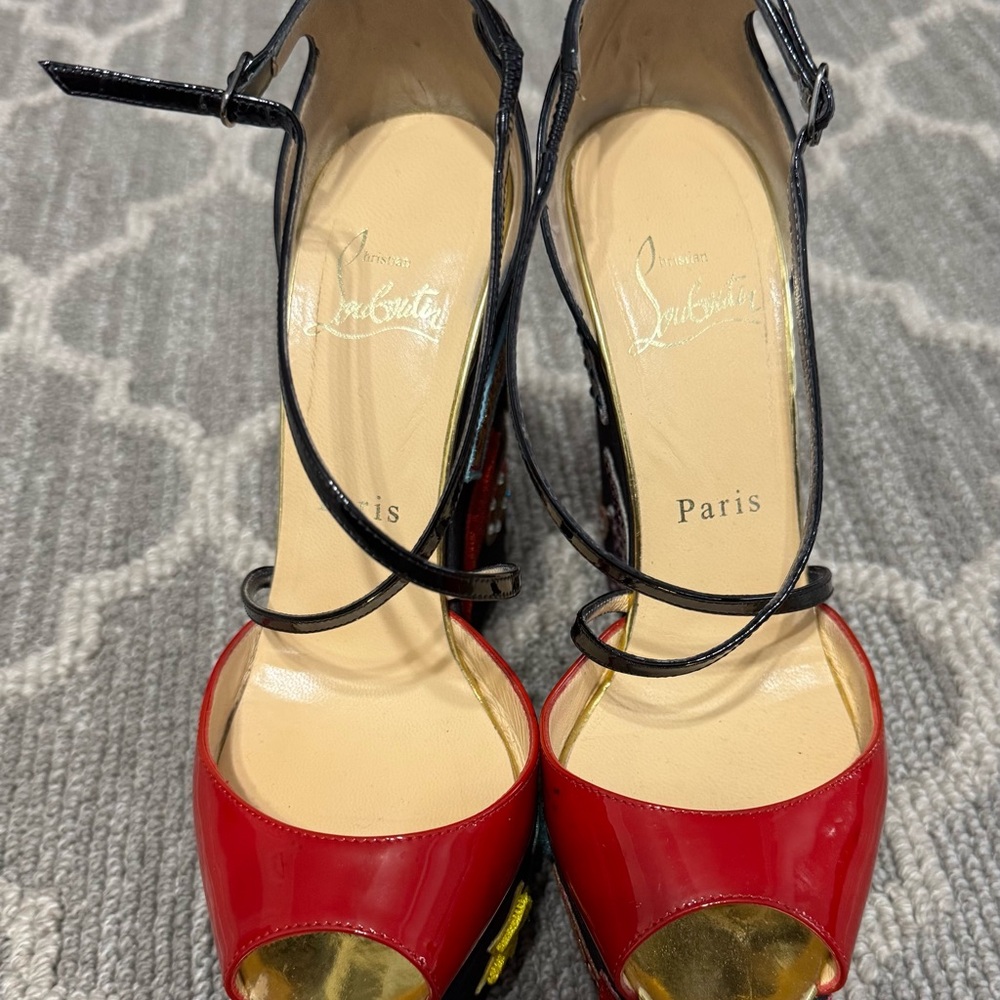 Authentic Christian Louboutin Red & Black Patent Leather Wedge Sandal